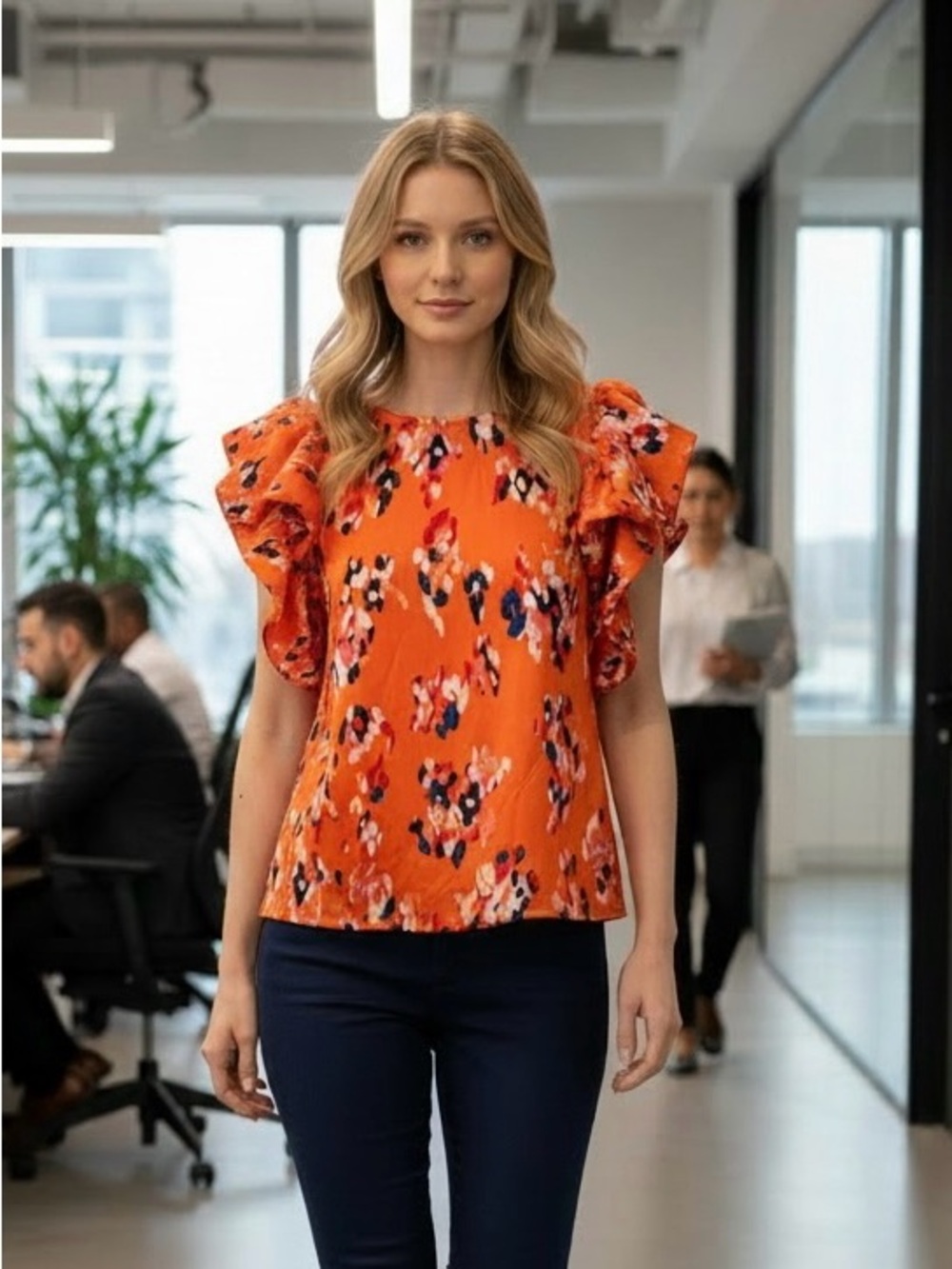 THML Bright Orange Floral Ruffle Sleeve Blouse Large